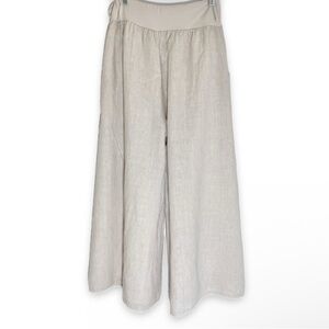 Italian Linen Palazzo Pants Pull-On Wide-Leg High-Rise Neutral Cream Flowy Italy